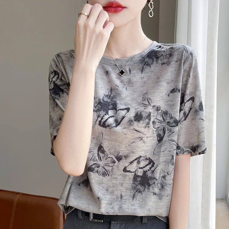 Retro Tie Dye Print Silk Wool ort Sve T irt Women Summer Loose Slimming Thin  Silk f Sve Top