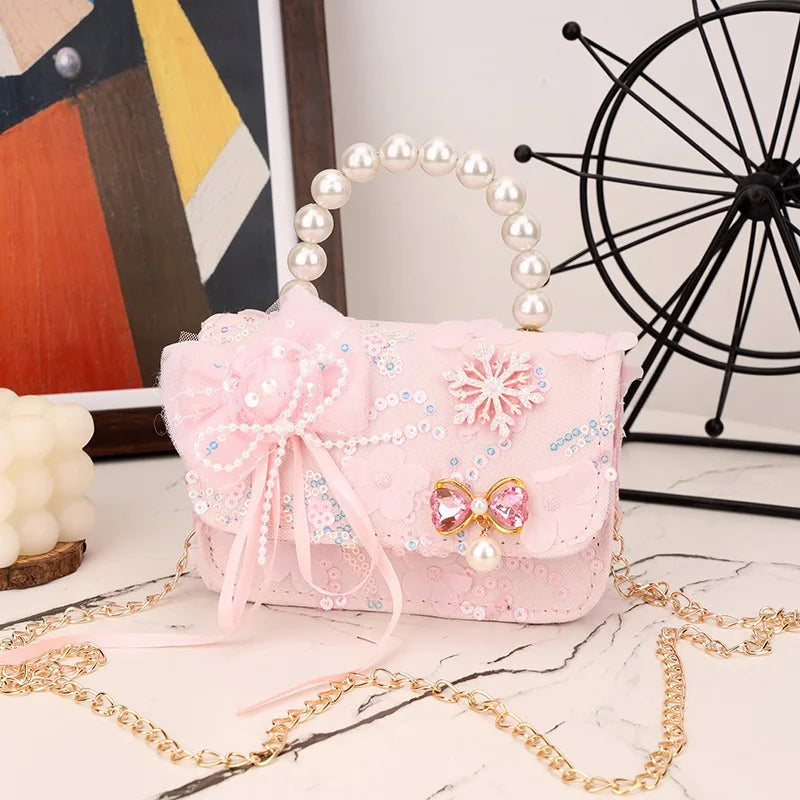 Cute Sequin Bow Kids Mini Square Shoulder Bags Versatile Children Chain Crossbody Bag Lace Girls Pearl Handbags Clutch Purse (Available)
