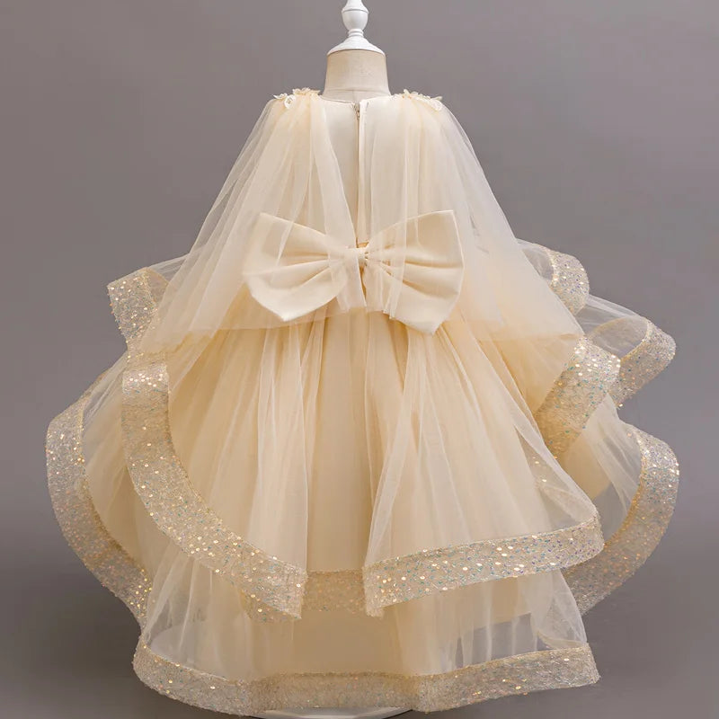 New girl party dress elegant flower girl trailing dress sequined chiffon Easter girls' clothing 3-10 years old holiday dress