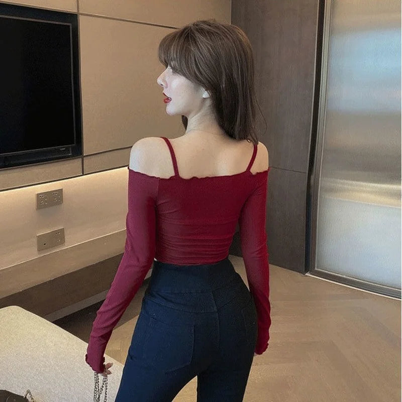 Slash Neck T-Shirts Women Sexy Lady New Design Solid Shirring All-match Футболка Женский Summer Slim Cozy Ins Chic Korean Trendy