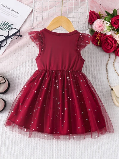 Girls' Burgundy Star Dress: Ruffle Sleeve Bow Tulle Party Outfit