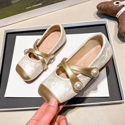 Spring Autumn Chinese Style Pearl Small PU Shoes Retro Versatile Girls Square Head Shallow Mouth Flats