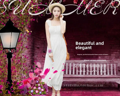 Summer 2025 White Long Svel Fro Beach Gown with Vest Ba Design Hing Waist Skimpy Sle Chiffon Dr for Women