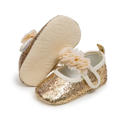 Gold Tie Cute Bow Flower Baby Princess Shoes Wedding Birthday Party Non-Slip Soft Sole Baby Toddler Shoes