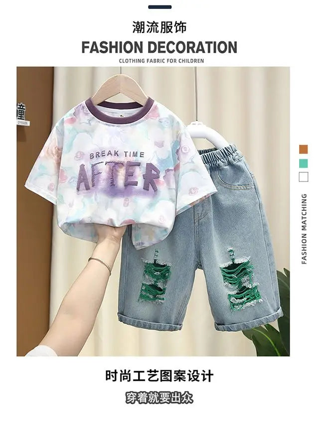 New Children's Printed Thin T-shirt+ hole Denim Shorts Teenager Boys Summer Fashion outfits