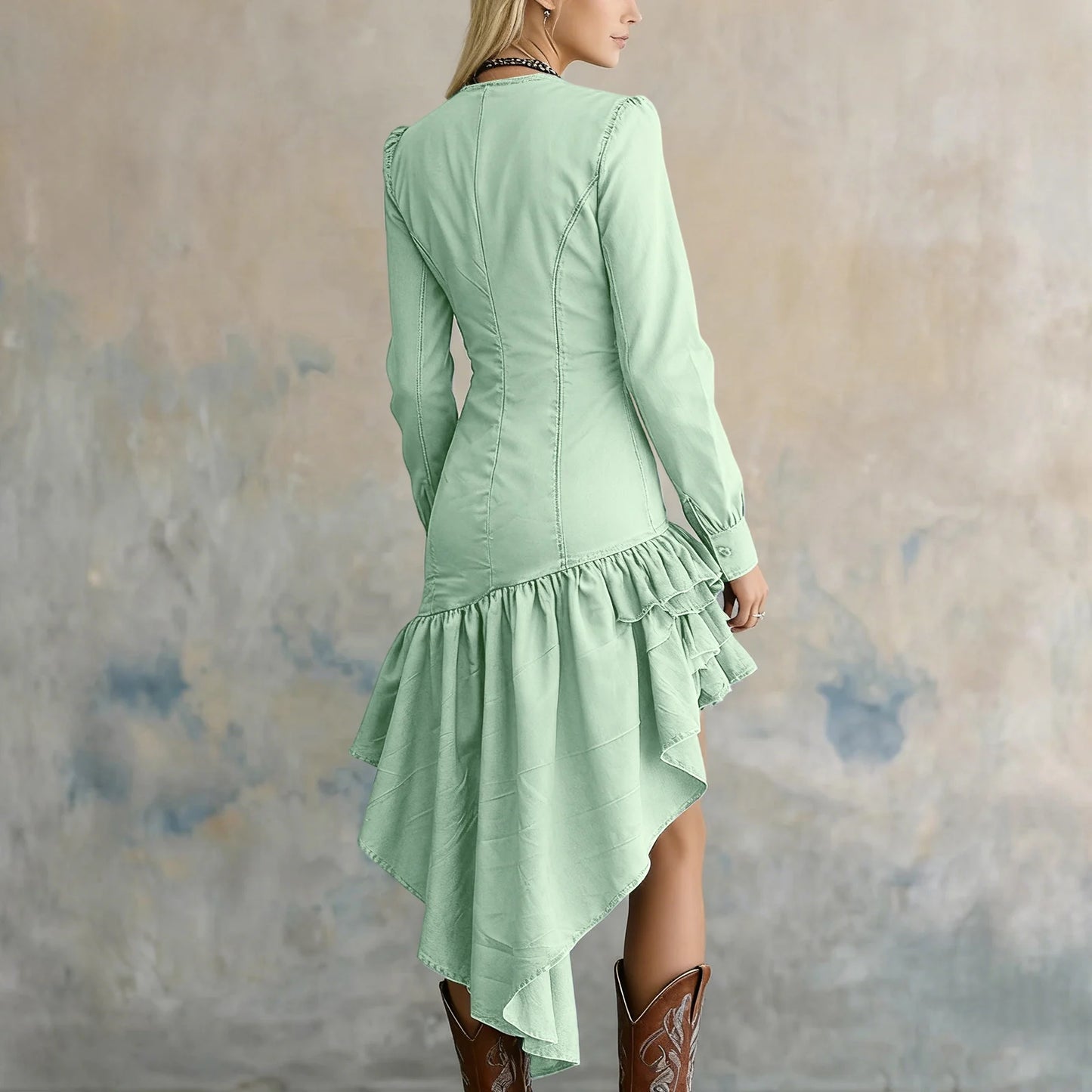 Retro Western Countryside Style Dress Ruffle Lace Collar Irregular Hem Dress Winter Women'S Fashionable Dress