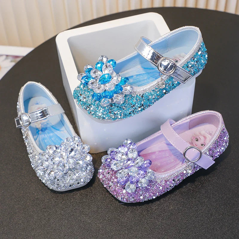 Disney Cartoon Pattern Elsa Princess Crystal Shoes for Girls Fashion New Style Baby Girl Low Heels Sandals Summer Fall Children
