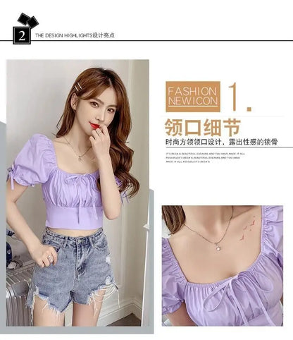 New Women's One-shoulder Lace-up Short Sleeve Waist-hugging Top