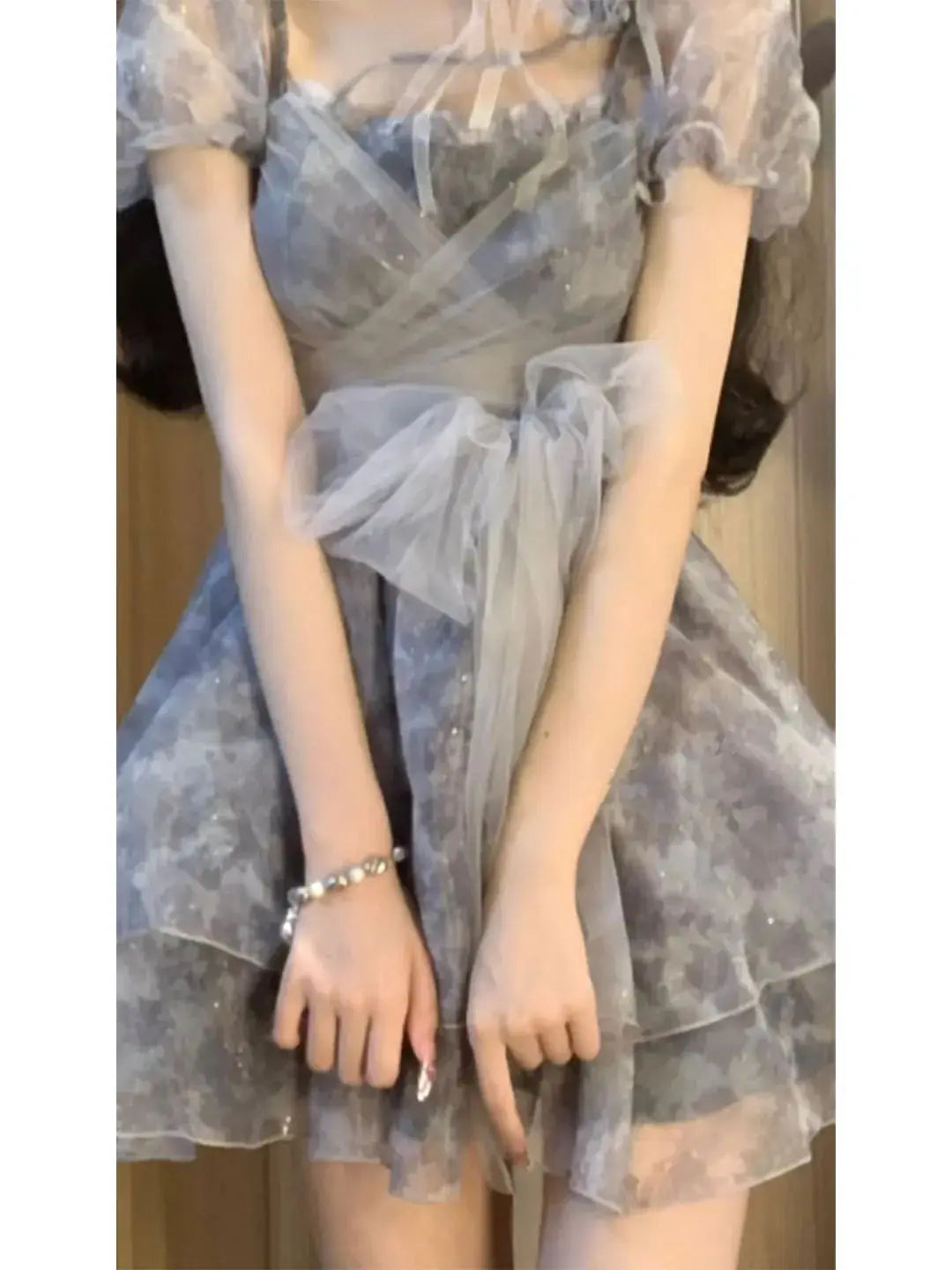 Princ Sle Sweet Fairy T Summer Dr Women's Me Skirt Tea Break  Knot Puffy Skirt ort Sve Square Collar