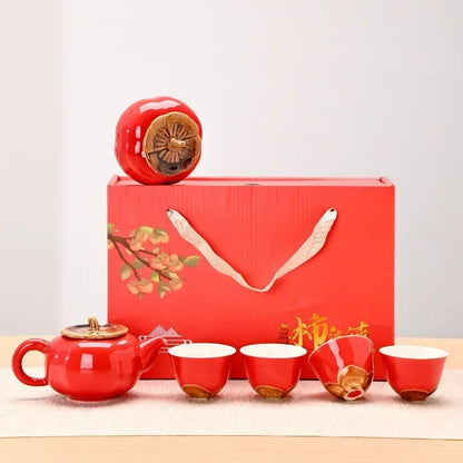 Auspicious Red Ceramic Tea Set Gift Box - Chinese New Year Wedding Corporate Gifts, Good Fortune Design Teapot & Cups