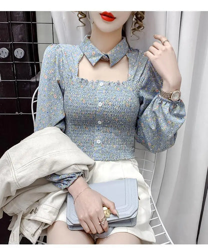2025 Floral Chiffon Shirt New Spring Summer Women Collect Waist Hollow Out Tops Vintage Blouse Women Longsleeve Short Shirt 3XL