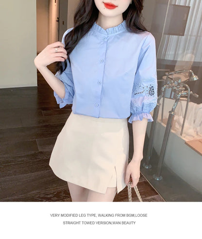 Ele Embroidered ort Sve irt Women's Summer New Design Korean Sle Commute Lantern Sve White irt for Ladies