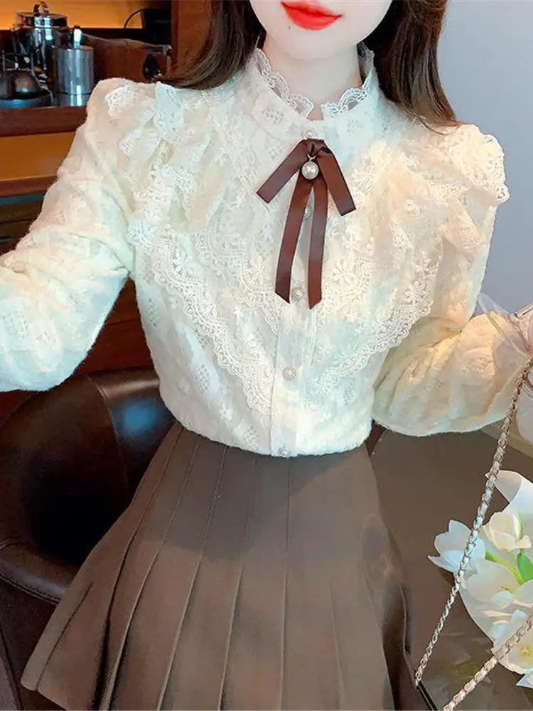 Women's Fce Lined Lace Blouse Thiened Autumn Winter Faion Inner Wear  Knot irt Stand Collar Regular Fit