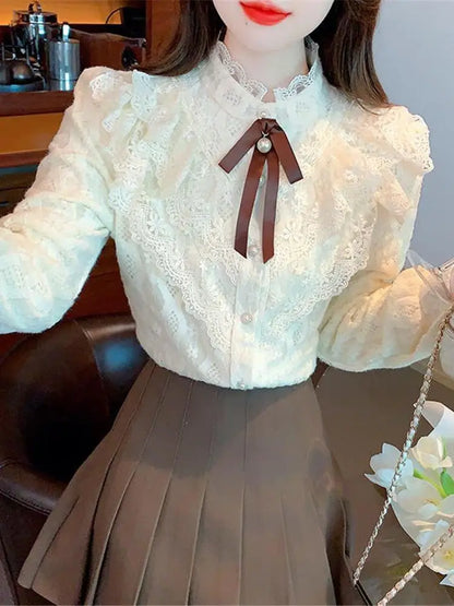 Women's Fce Lined Lace Blouse Thiened Autumn Winter Faion Inner Wear  Knot irt Stand Collar Regular Fit