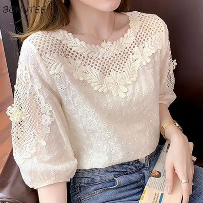 Blouses Women Hollow Out O-neck Half Sleeve Loose Tops Summer Casual Elegant Ladies French Style Daily Trendy