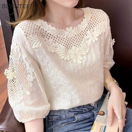 Blouses Women Hollow Out O-neck Half Sleeve Loose Tops Summer Casual Elegant Ladies French Style Daily Trendy