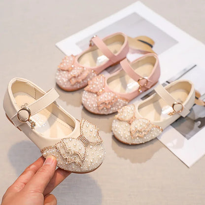 Fashion Girl Glitter Shoes Kids Flat Shoes Sequins Rhinestone Pearl Princess Bowknot Leather Shoes for Student Performance Party