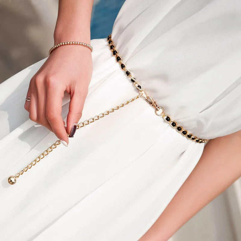 Women's Dress Accessories Waist Chain Metal Chain Solid Pearl Versatile Apparel Accessories Pearl Thin Waist Belts