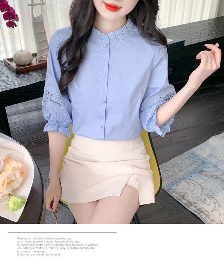 Ele Embroidered ort Sve irt Women's Summer New Design Korean Sle Commute Lantern Sve White irt for Ladies