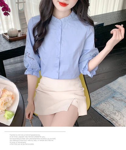 Ele Embroidered ort Sve irt Women's Summer New Design Korean Sle Commute Lantern Sve White irt for Ladies