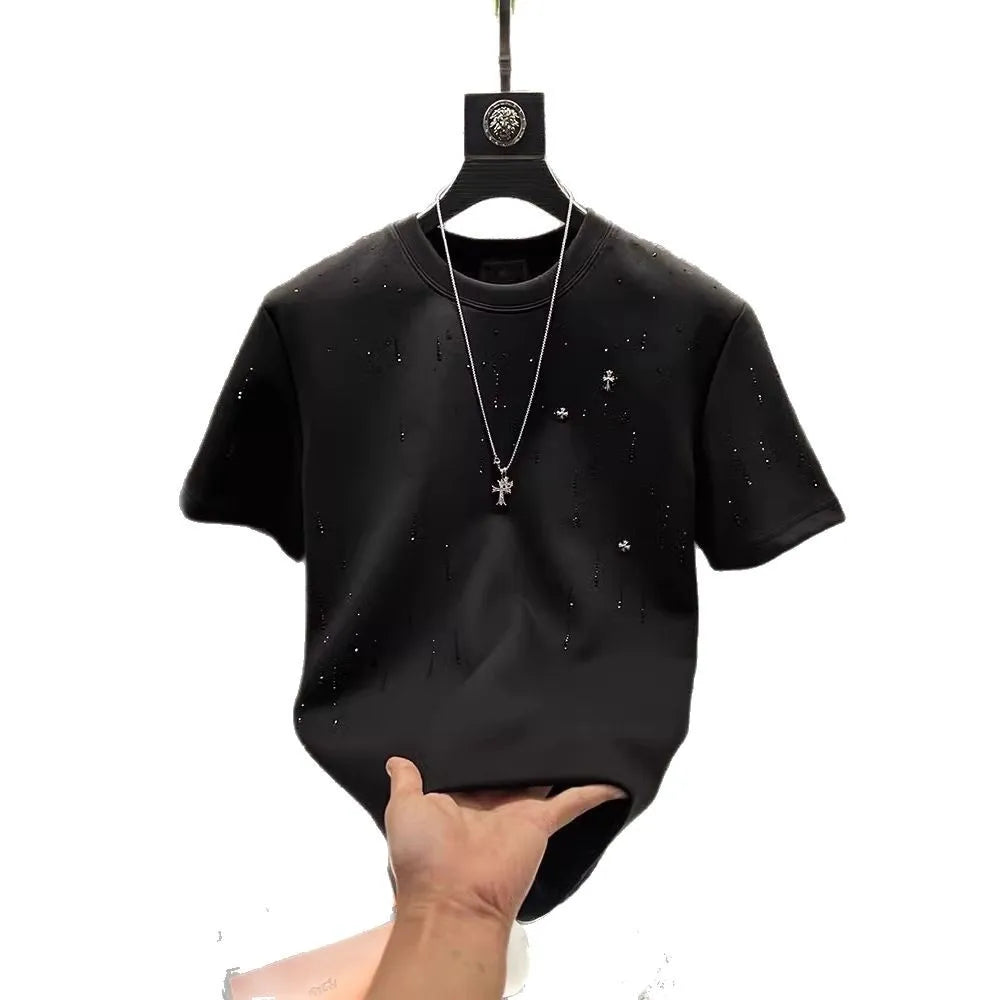 Spring New Heavy Work Light Luxury Custom Short Sleeve T-shirt Top Meteor Full Diamond T-shirt Round Neck Short Sleeve (Available)