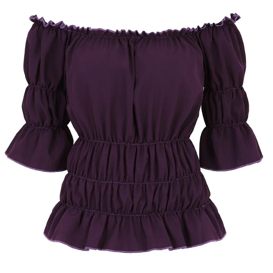 Women Renaissance Peasant Blouse Peplum Top Ruffle Sleeve Off-Shoulder Shirts 3/4 Sleeve Elastic Waist