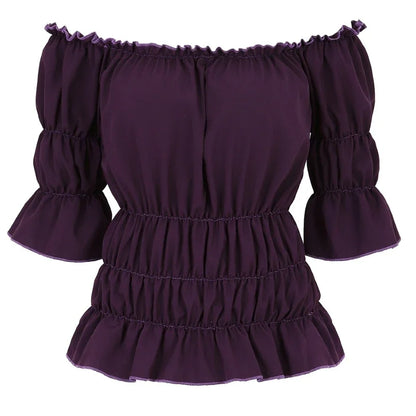 Women Renaissance Peasant Blouse Peplum Top Ruffle Sleeve Off-Shoulder Shirts 3/4 Sleeve Elastic Waist