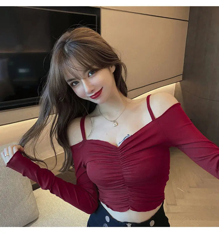 Slash Neck T-Shirts Women Sexy Lady New Design Solid Shirring All-match Футболка Женский Summer Slim Cozy Ins Chic Korean Trendy