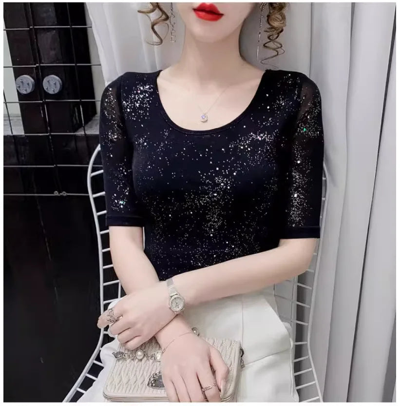 Summer Lady Mesh Tops Round Neck Short sleeved Bright Silk Tees Korean Fashion Black T shirt Women