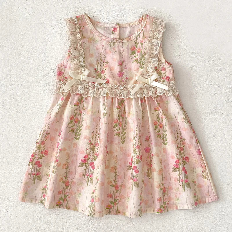 Girls Flower Dress Summer Retro Flying Sleeve Princess Dresses Children Casual Clothes 2-6Yrs Kids Pink Flower Bow Party Dress