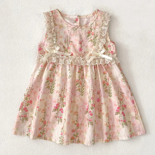 Girls Flower Dress Summer Retro Flying Sleeve Princess Dresses Children Casual Clothes 2-6Yrs Kids Pink Flower Bow Party Dress