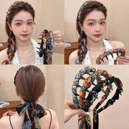 Ribbon Comb Headband, Vintage Wave Headband With Floral Ribbon & Comb - Reversible High Crown Effect Hairband