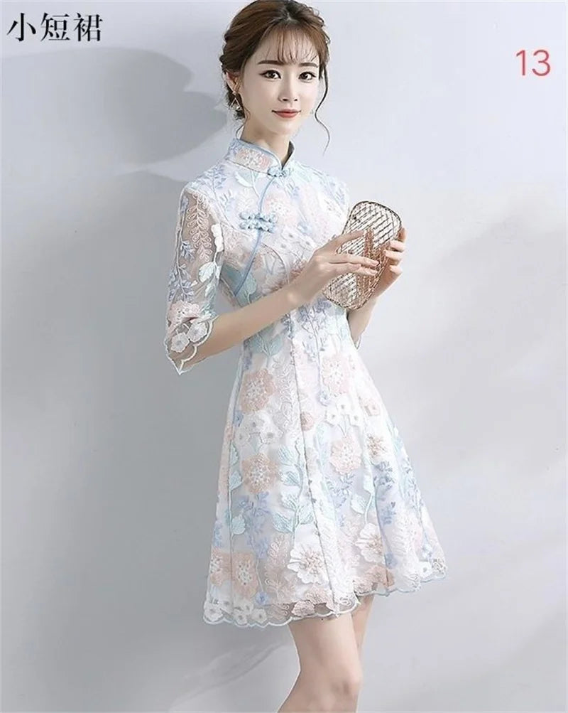 Spring Autumn Female Cheongsam Style Long Dresses Women Half Sleeve Lmproved Maxi Dress 2025 Ladies Fashion Solid Color Vestidos
