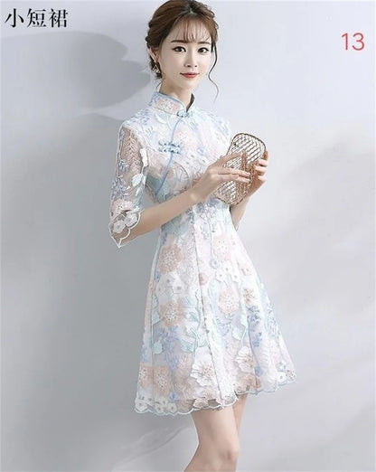 Spring Autumn Female Cheongsam Style Long Dresses Women Half Sleeve Lmproved Maxi Dress 2025 Ladies Fashion Solid Color Vestidos