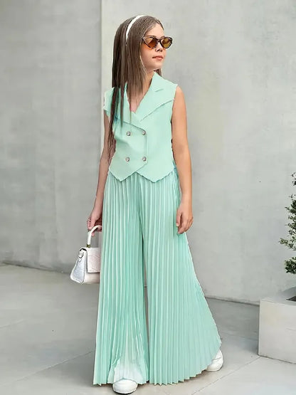 2025 Little Girls 2-Pieces Western-Style Outfit for Girls: Sleeveless Blazer Top+Wide-Leg Pleated Pants