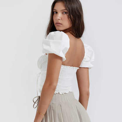 Mingmingxi Short Sleeve Cropped Top Women Fashion White Square Neck Tops Preppy Style Cotton Lace Up Blouse Women Clothing