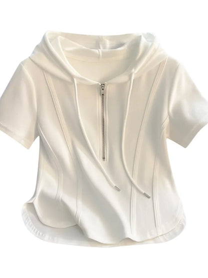Summer New Women's Zipper Hoodie ort Sve T-irt Pure Cotton Slim Fit ort Fibone Top Korean Sle Commute Faion