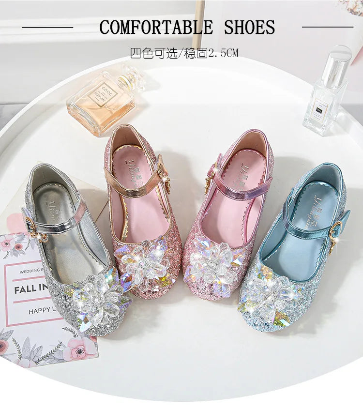 Kids Causal Shoes Wedding Party Children's High Heels Princess Shiny Crystal Flower Girls Leather Shoes Pink Blue Sliver 23-38