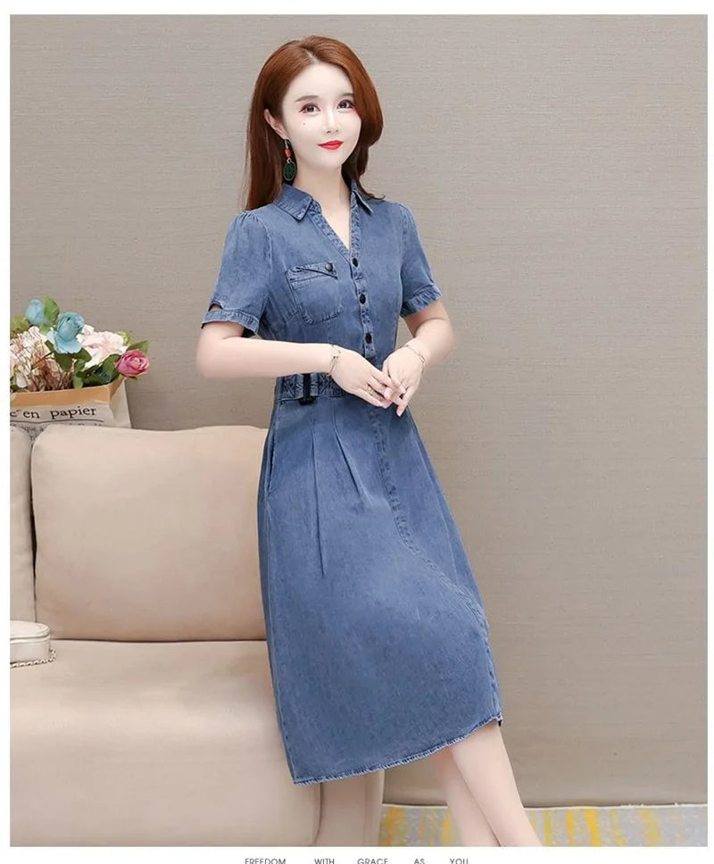 2026 Korean Summer New Denim Dress Women Temperament  Short Sleeved Fashion Slim All-match Casual Dress Female Vestidos