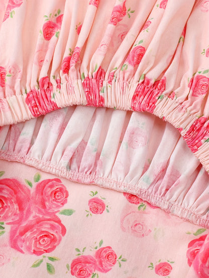 Girls Rose Print Dress Ruffled Flutter Sleeve Back Bow Design Pink Floral Party Dress for Toddler Kids Casual Outdoor Outfit