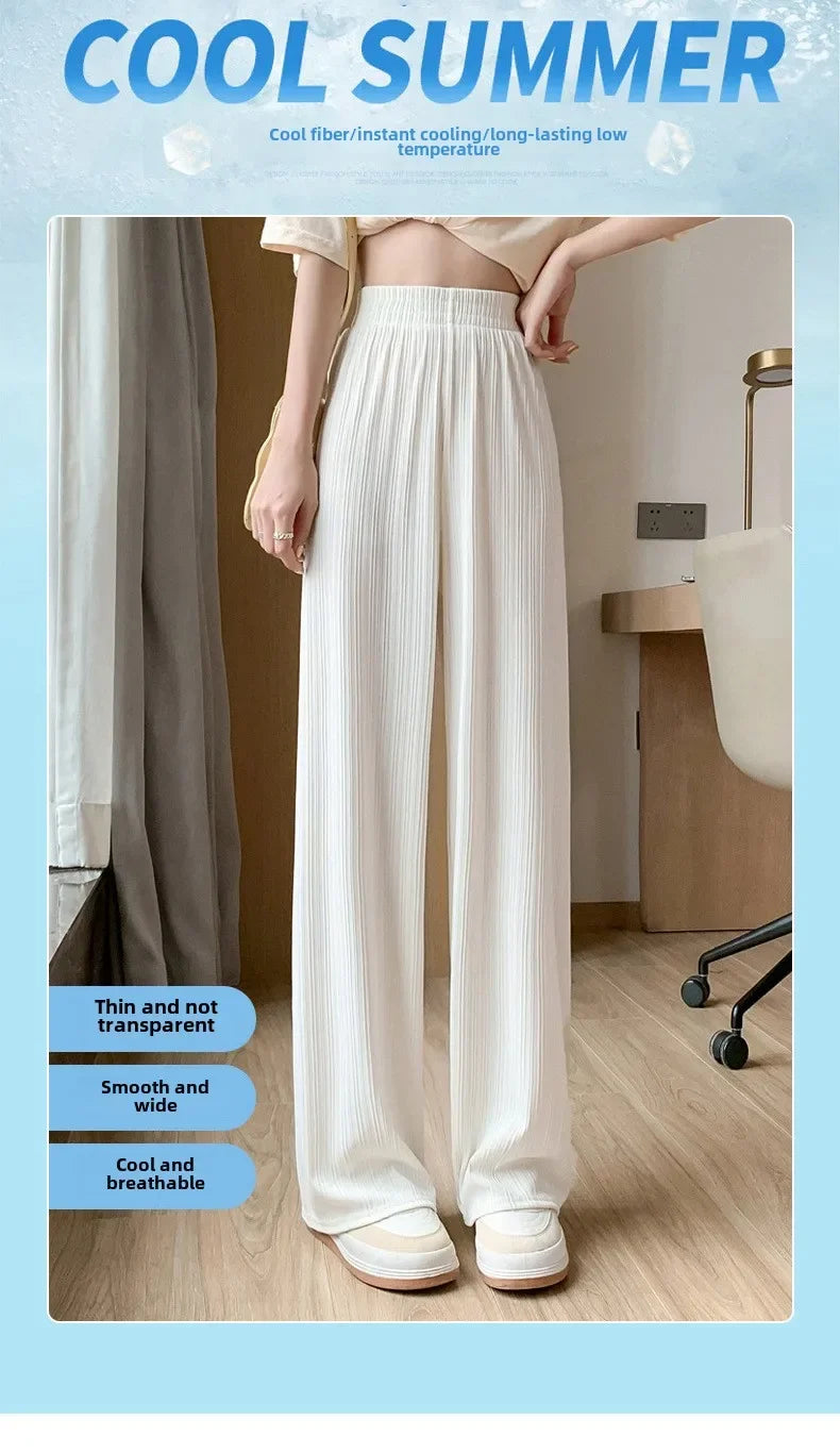 Korea Dongdaemun Ice Silk Wide-leg Pants Women's Thin Slimming Floor Pants White Striped Pants Y2K Fashion Pants Baggy (Available)