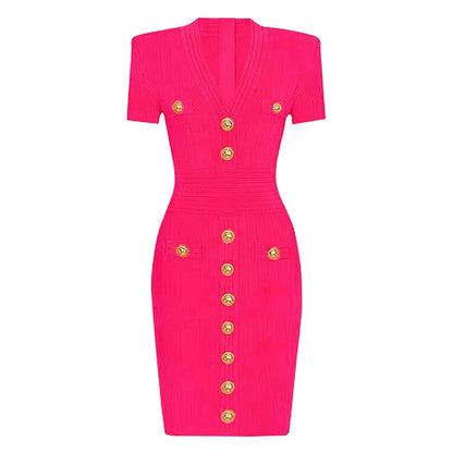 2025 Spring/Summer New Fashion Knitted Elastic Short Sleeve Solid Color Gold Button Slimming Style Commuter Women's Dress
