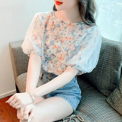 Floral Short-sleeved Chiffon Women's New Puff Sleeve Top Chic and Fashionable Shirt
