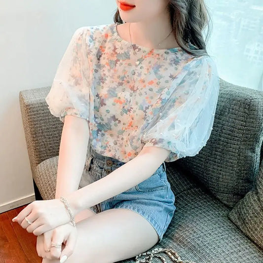 Floral Short-sleeved Chiffon Women's New Puff Sleeve Top Chic and Fashionable Shirt