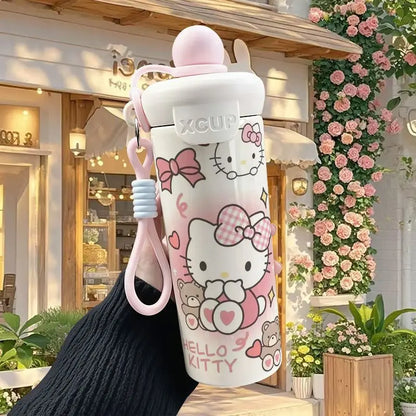 600ml Sanrio Hello Kitty Vacuum Thermos Cup SS316 Insulated Coffee Mug with Lifting Rope Portable Outdoor Drinking Water Kettle