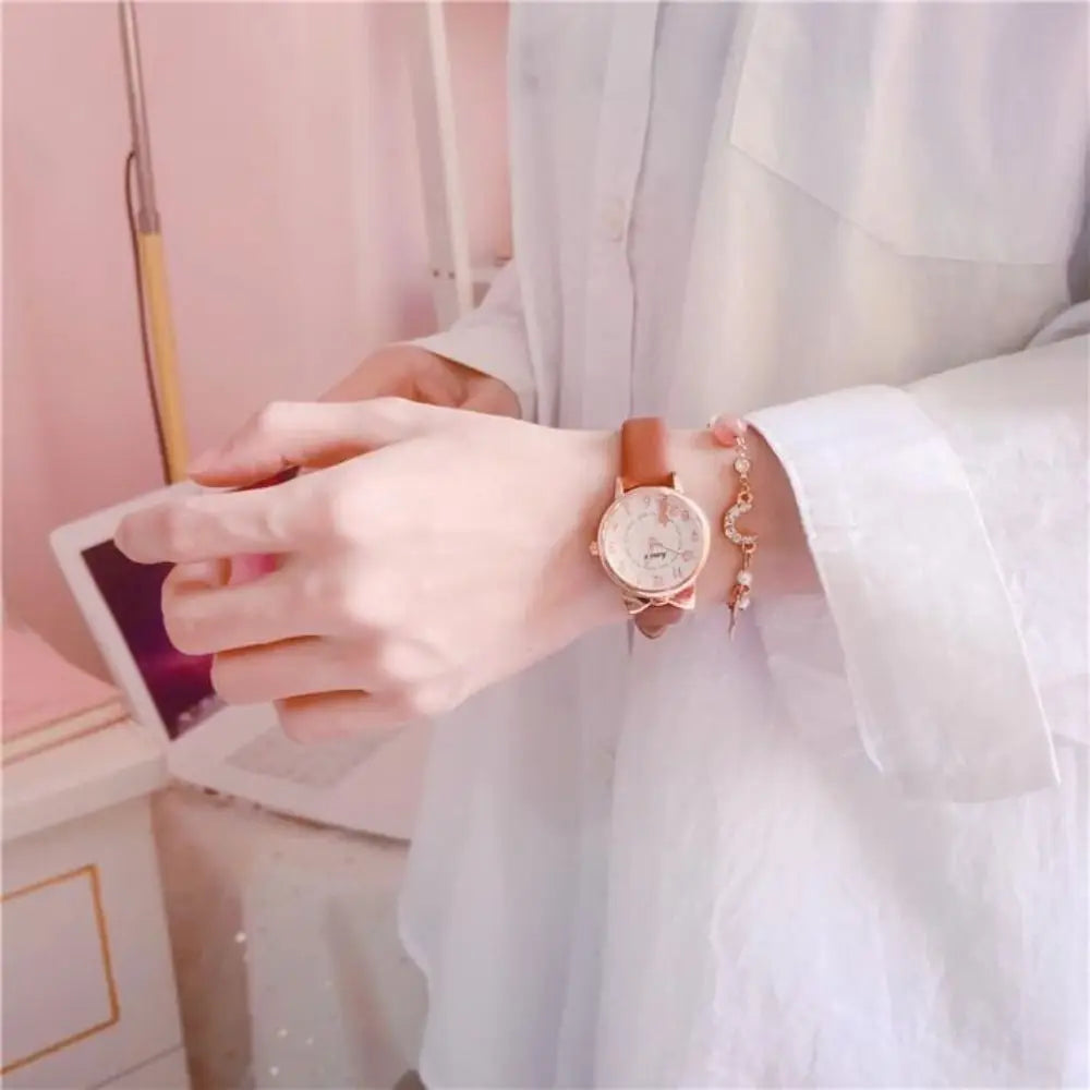 High Quality Quartz Clock Watch Bracelet Set Leather Watchband Casual Quartz Watch Cute Cat Ear Bracelet