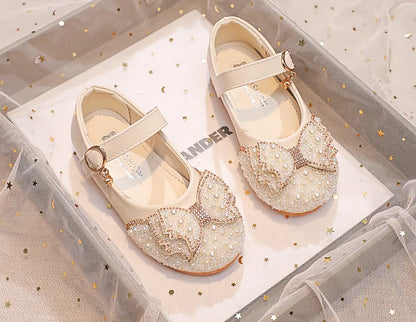 Fashion Girl Glitter Shoes Kids Flat Shoes Sequins Rhinestone Pearl Princess Bowknot Leather Shoes for Student Performance Party