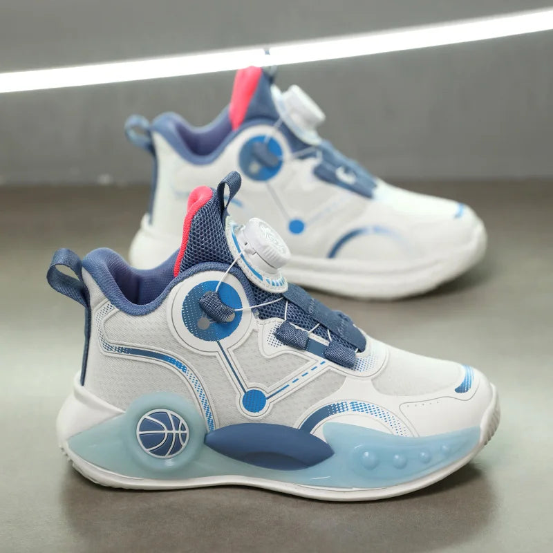 Children Basketball Shoes Boys Sports Comfortable Non Slip Flat Fitness Shoes  New Rotating Button Sports Sneakers for Kids