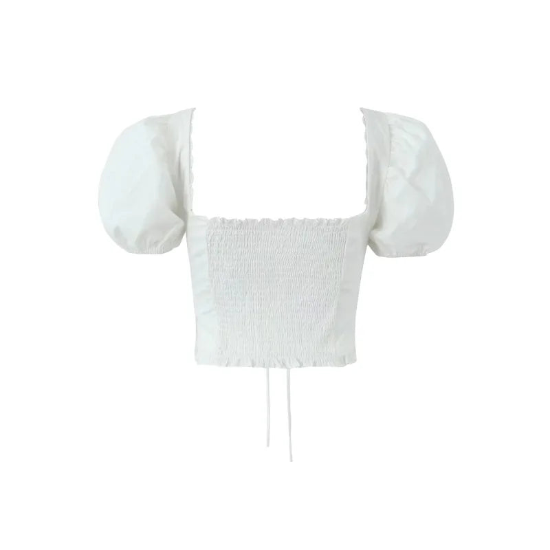 Mingmingxi Short Sleeve Cropped Top Women Fashion White Square Neck Tops Preppy Style Cotton Lace Up Blouse Women Clothing