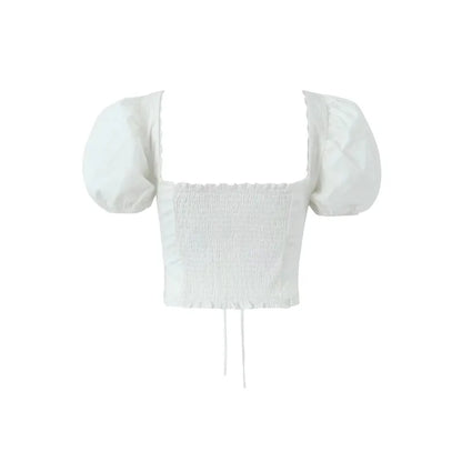 Mingmingxi Short Sleeve Cropped Top Women Fashion White Square Neck Tops Preppy Style Cotton Lace Up Blouse Women Clothing